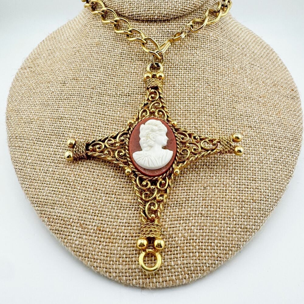Vintage Victorian Cameo Cross Filigree Statement Necklace Elegance Regency Glam